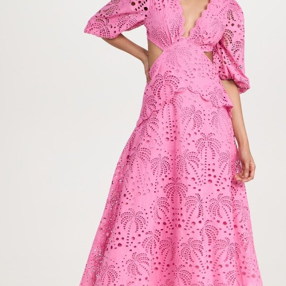 FARM Rio Pink Richelieu Midi Dress Eyelet Scallop Cutout Tuckernuck Sundress - Picture 4 of 9